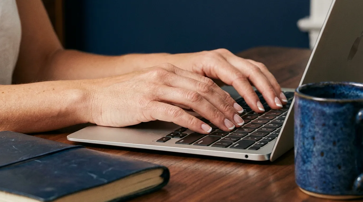 Les mains d'une personne posées sur le clavier d'un ordinateur portable, sur une table en bois, à côté d'un carnet fermé et d'une tasse en céramique bleue