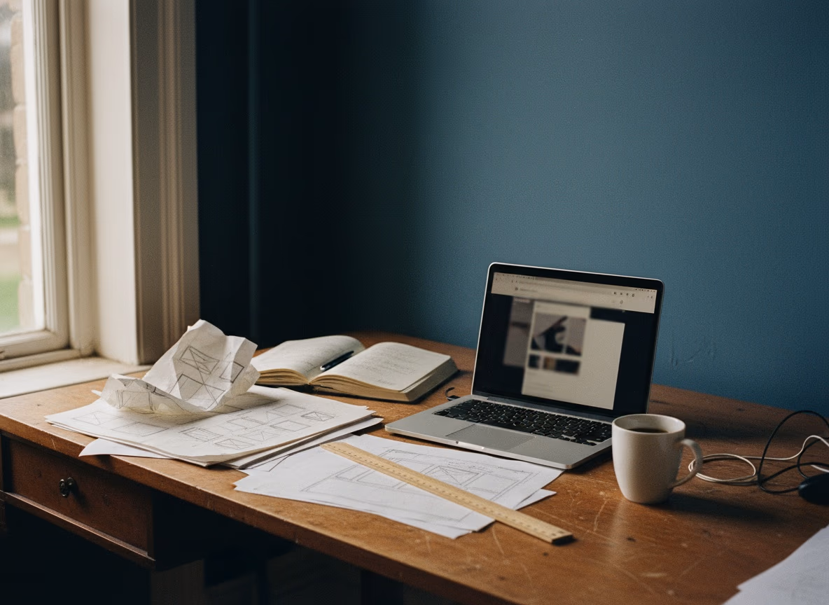 Un bureau en bois devant une fenêtre : des feuilles de croquis au crayon, un carnet ouvert avec un stylo, une règle, un ordinateur portable ouvert et une tasse.