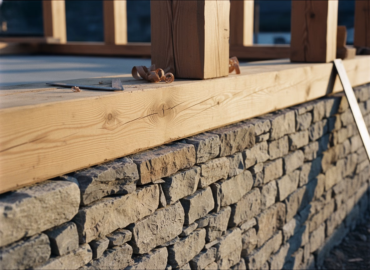 Un mur de pierres sèches surmonté d'une poutre de sapin fraîchement sciée, sur laquelle sont posés un ciseau à bois et quelques copeaux ; à l'arrière-plan, les montants d'une ossature de bois se dressent à contre-jour.