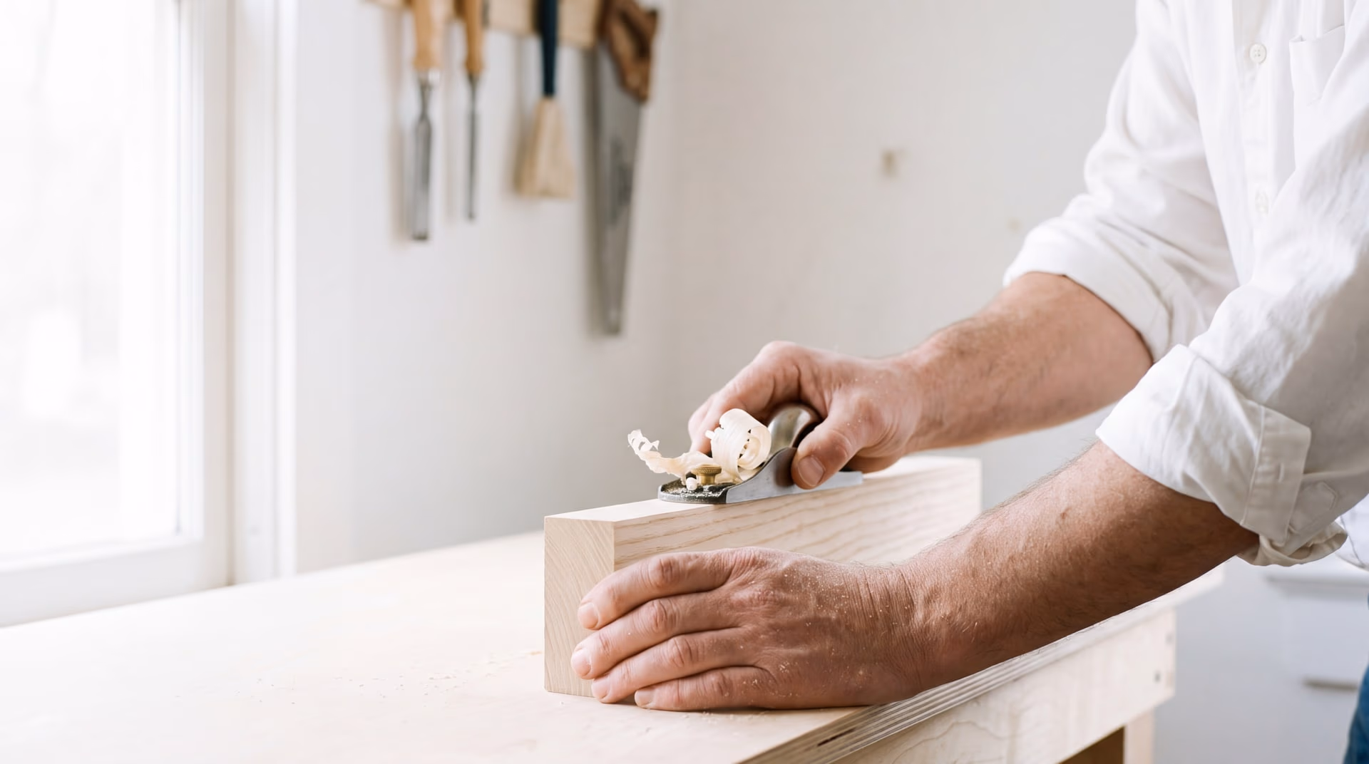 Les mains d'un artisan à l'établi, en pleine lumière : l'une tient un bloc de bois clair, l'autre pousse un rabot d'où s'enroule un copeau ; des ciseaux à bois alignés au mur.