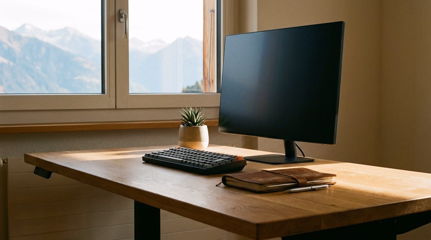 Un poste de travail en bois devant une fenêtre entrouverte donnant sur des montagnes : un grand écran, un clavier, un carnet de cuir fermé avec un stylo, une petite plante en pot.